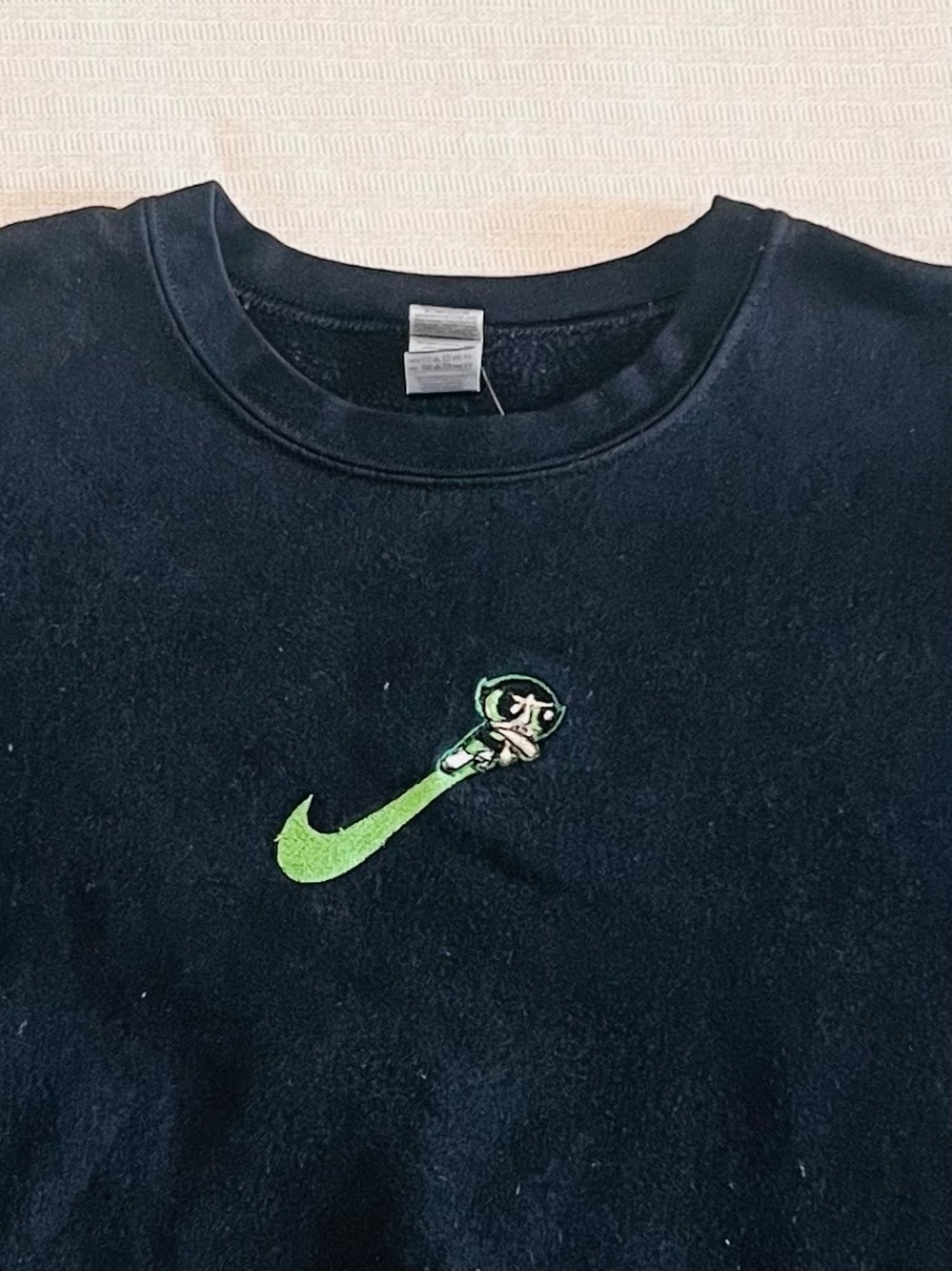 Black Crew Sweatshirt with Lime Green Swoosh and Character Embroidery